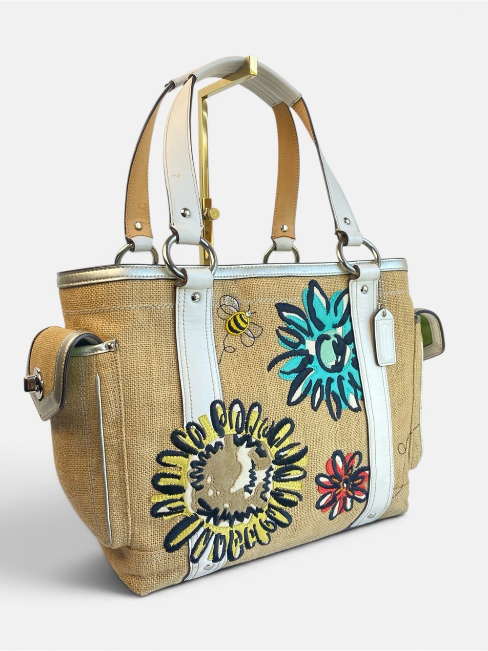Coach Vintage Rare Floral Bee Woven Straw Gallery Summer Tote Beachbag - Picture 1 of 15